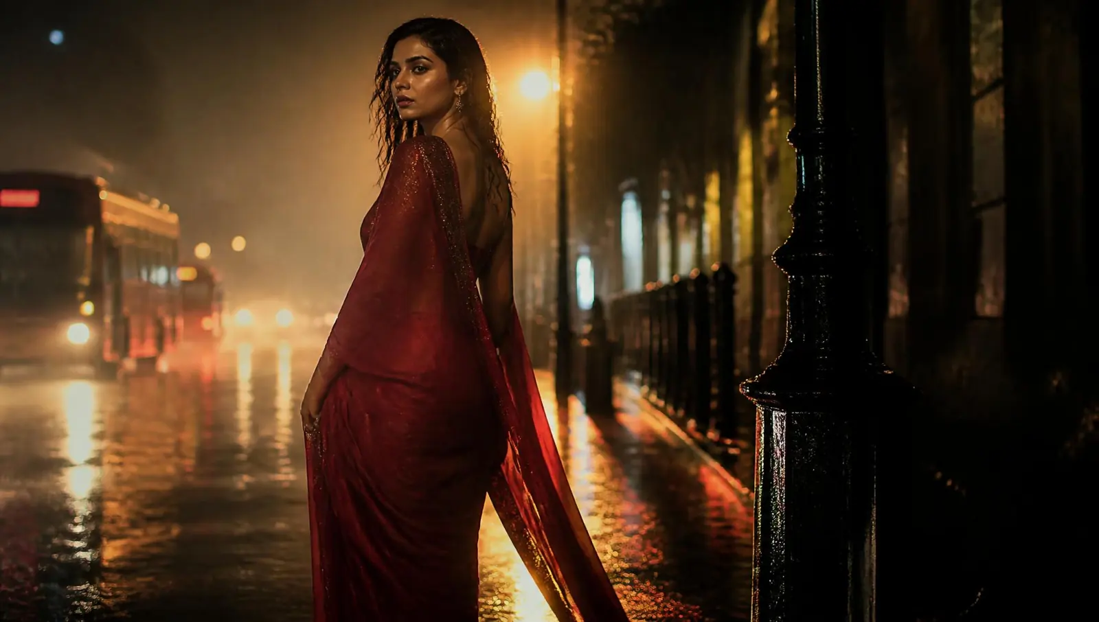 An actress on a rain-lit street at night